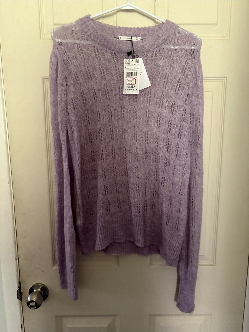 Mango Lavender Open-Knit Crewneck Sweater